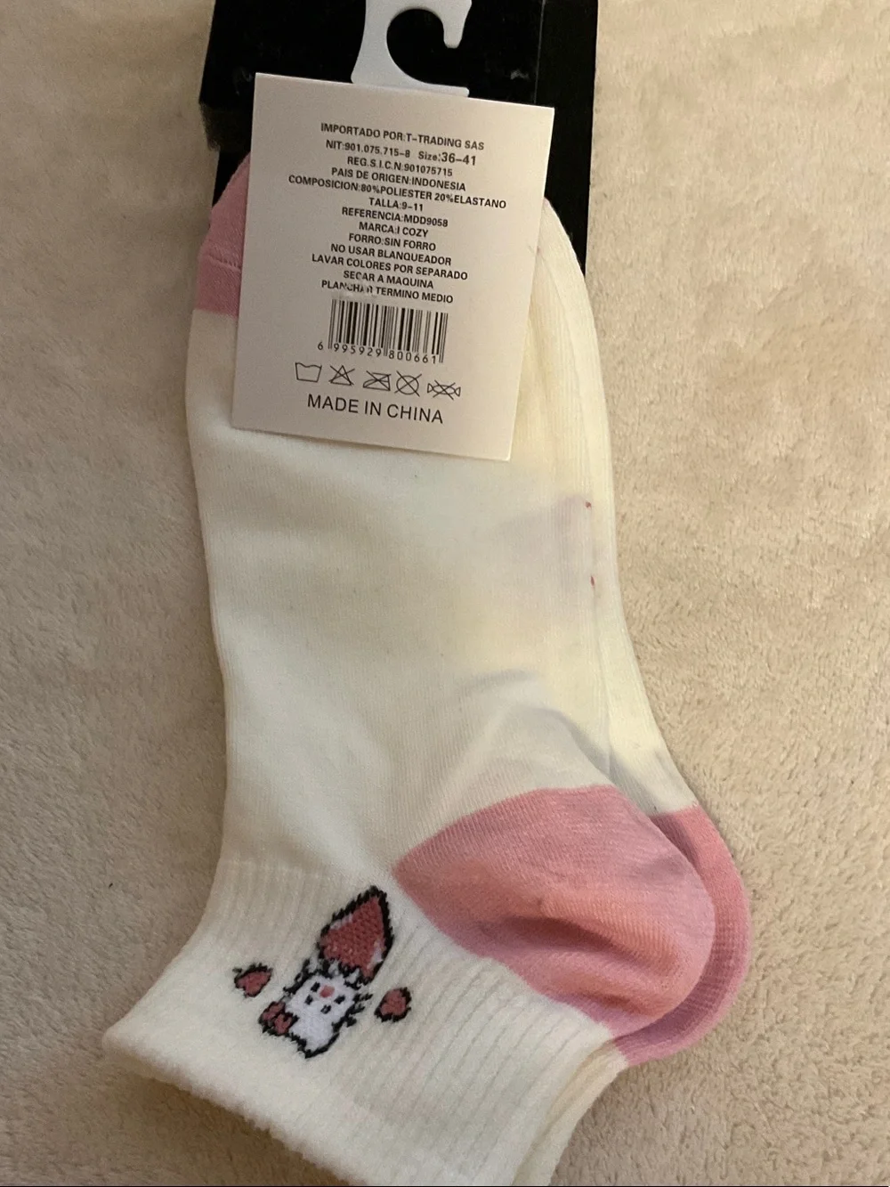 Sporto White Ankle Socks with Pink Heel, Toe and Bunny Accent